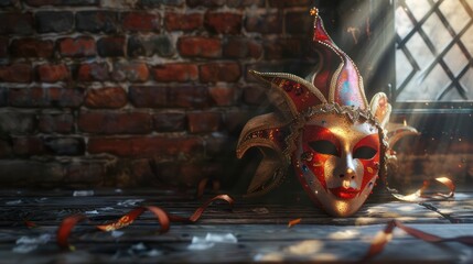 A carnival mask lies on a old wooden table, against the background of a brick wall. Banner.