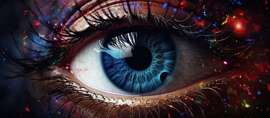 Fototapeten Closeup of a human bodys iris showcasing an electric blue eye with violet tones and magenta details, set against a galaxy background © 2rogan