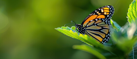 a close up of a butterfly on a green plant with blurry backrounds in the background and a blurry backround in the foreground.