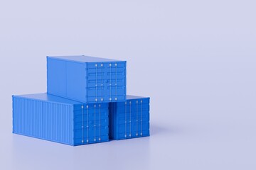 Naklejka premium 3d Tree blue cargo container shipping stack icon. Fast delivery concept. Online Shopping or E-Commerce concept. Isolated on blue background. Copy space. Web banner. 3D rendering illustration.