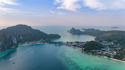 Sunset at Koh Phi Phi island, Krabi, Thailand. Aerial view of Tonsai bay and Loh Dalum Beach lagoon.