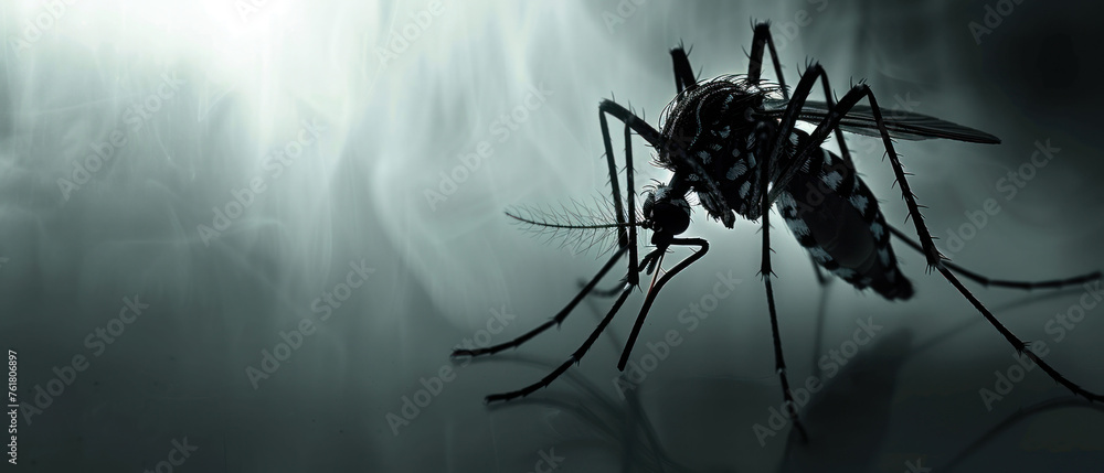Poster a close up of a mosquito on a black and white background with a blurry image of the back of the mosq