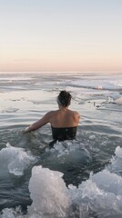 woman cold water swimming in the frozen Baltic Sea