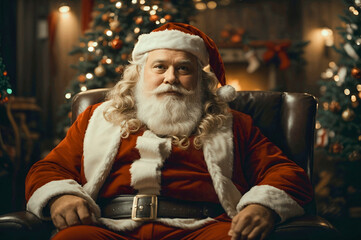 Obraz premium Santa Claus Christmas Xmas Christmas christmas for mom dad guys girls kids. Santa Claus seated in a chair in a room with a christmas tree. 