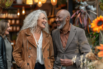 A senior man and woman of different ethnicities share and enjoy their time together, in an open-air market surrounded by flowers, romantic relationships, and mature, inclusive love.