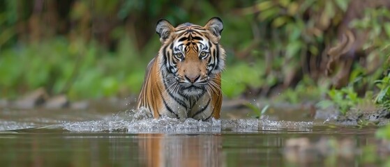 a close up of a tiger in a body of water with grass and trees in the backgrouds.