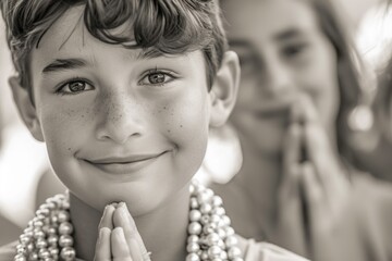 First communion joy: heartwarming moments of young believers in white dresses, celebrating this sacred Christian sacrament with faith, purity, spirit of spiritual growth in memorable church ceremony. - obrazy, fototapety, plakaty