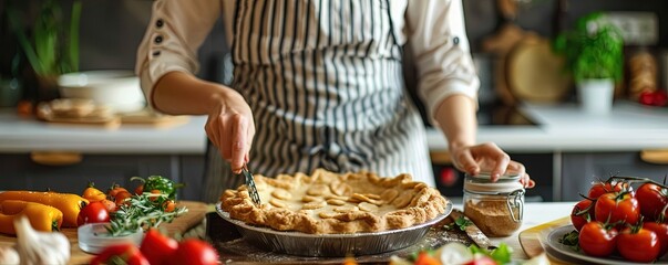 woman cooks a pie in the kitchen at home