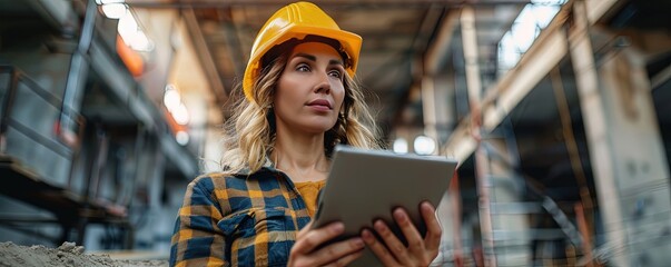Woman engineer supervising construction of building with construction worker checking her tablet device - obrazy, fototapety, plakaty