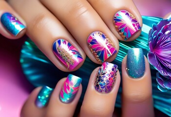 illustration, vibrant nail art designs colorful patterns intricate details creative manicures beautiful nails, trendy, style, chic