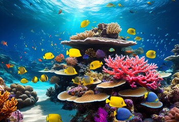 Fototapeta na wymiar illustration, mesmerizing underwater exploration colorful coral reef exotic marine life crystal clear ocean water, fish, sea, creatures, scuba, diving