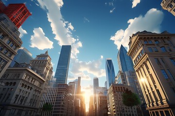 New York City Manhattan skyscrapers and street view with blue sky. - obrazy, fototapety, plakaty