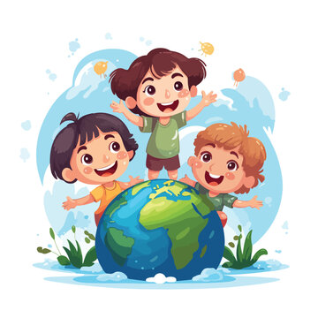 Happy children and planet Earth flat vector
