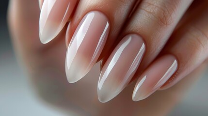 Elegant almond-shaped nails with a nude ombre finish. Studio shot for nail beauty and fashion design inspiration - obrazy, fototapety, plakaty