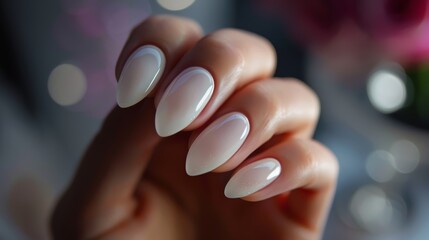 Classic almond-shaped nails with a glossy ombre finish. Soft light beauty shot for elegance and simplicity in nail design - obrazy, fototapety, plakaty
