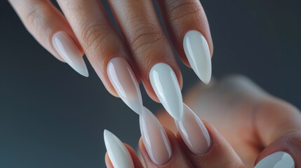 Hand with long white twisted nails. Close-up studio shot. Creative nail design and art concept for posters and banners - obrazy, fototapety, plakaty