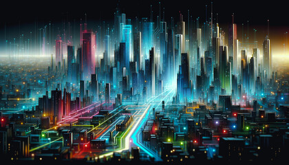 Abstract cityscape image with a neon light and futuristic concept, modern hi-tech theme with the essence of a futuristic city