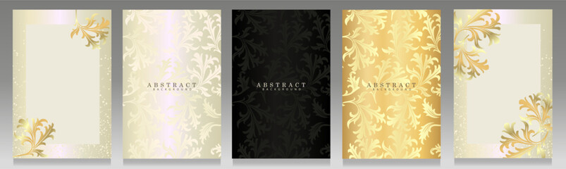 Luxury cover set design, leaves pattern. Platinum, black and golden color for elegant invitation wedding, brochure, ornamental packaging.