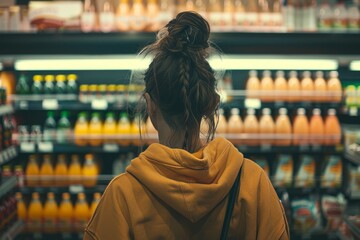 Woman choosing at a bottle of juice in a supermarket - obrazy, fototapety, plakaty