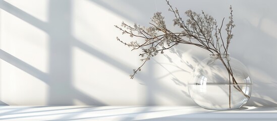 Transparent glass vase with branches on white background and natural light.