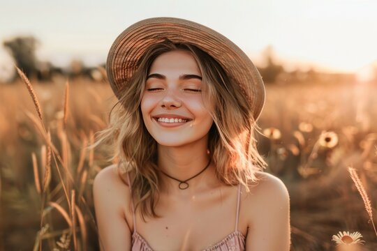 Portrait of smiling woman with closed eyes enjoying life on field at sunset