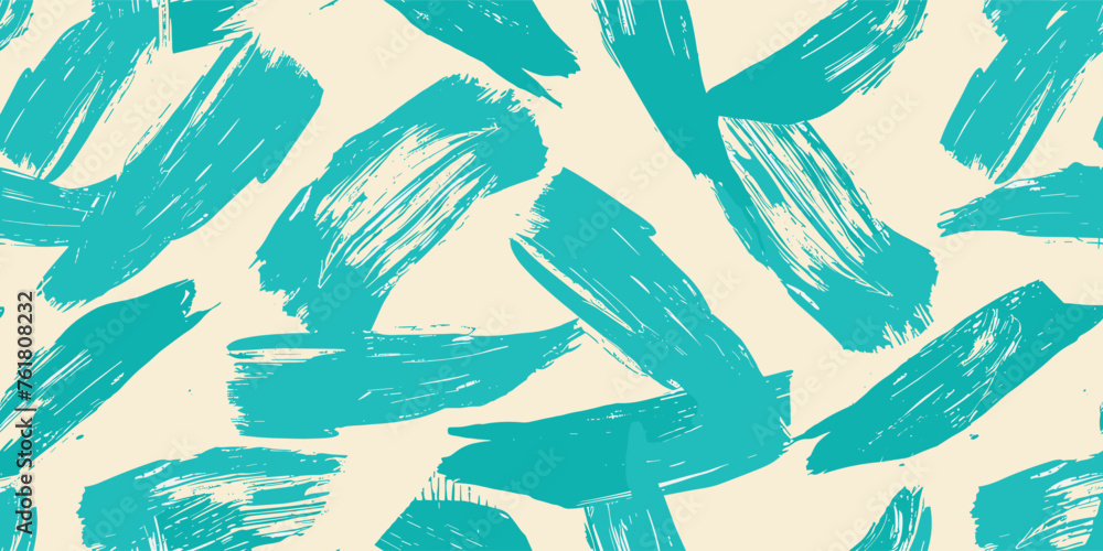 Poster seamless vector pattern with cyan brush strokes. distorted grungy abstract forms. brush strokes seam