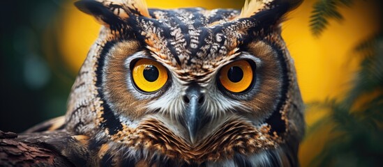 A photograph capturing the striking yellow eyes of an Eastern Screech owl, a terrestrial bird known for its iconic appearance and adaptability in various habitats