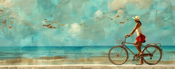 woman on bicycle on promenade - obrazy, fototapety, plakaty