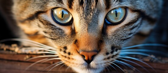 A closeup of a Felidae organism, a small to mediumsized carnivorous cat, with blue eyes staring at the camera. The cat has whiskers, a snout, and fur