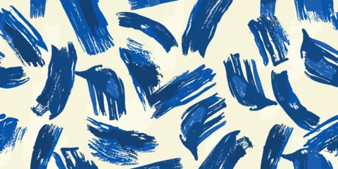 Fotobehang Vector seamless pattern with abstract brush stroke painting illustration. Modern paint line background in blue color. Messy graffiti sketch wallpaper print, rough hand drawn texture, Wavy and swirled © SappiStudio
