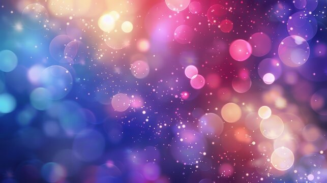 Bokeh light effect with pink and blue circles. Festive background with glittering particles for holiday card design