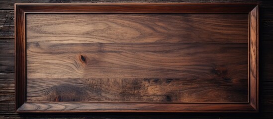 A brown rectangular wooden tray is placed on a hardwood table. The tables surface shows a beautiful wood stain pattern, highlighting the natural beauty of the wood