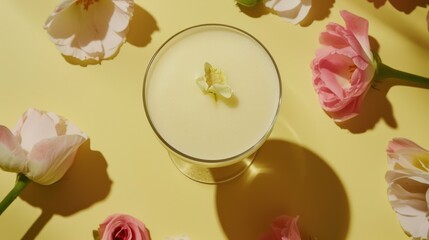 a glass filled with white liquid surrounded by pink and white flowers on a yellow surface with a shadow of a butterfly on the side of the glass.