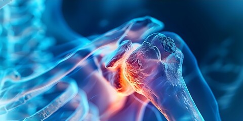 Closeup artistic depiction of inflamed shoulder joint bones in medical setting. Concept Medical Illustration, Shoulder Joint, Inflammation, Bones, Closeup View