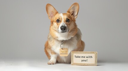 Take me with you. high quality welsh corgi background with sign