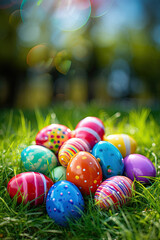 Fototapeta na wymiar Colorful easter eggs on green background close up, copy space