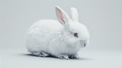 White rabbit on a cool gray background. Studio animal portrait with copy space for design and print