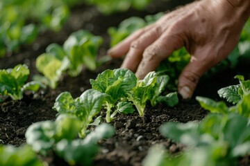 Naklejka na ściany i meble Gardener Nurturing Young Lettuce Plants in Organic Garden