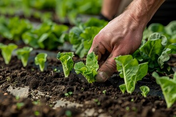Farmer's Hand Planting Lettuce Seedlings in Fertile Soil - Powered by Adobe