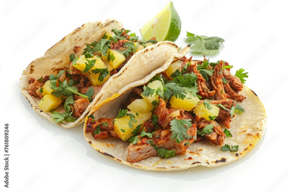 Wall mural Gourmet Mexican Tacos al Pastor with Juicy Pork and Fresh Pineapple, Studio Shot - Wall murals