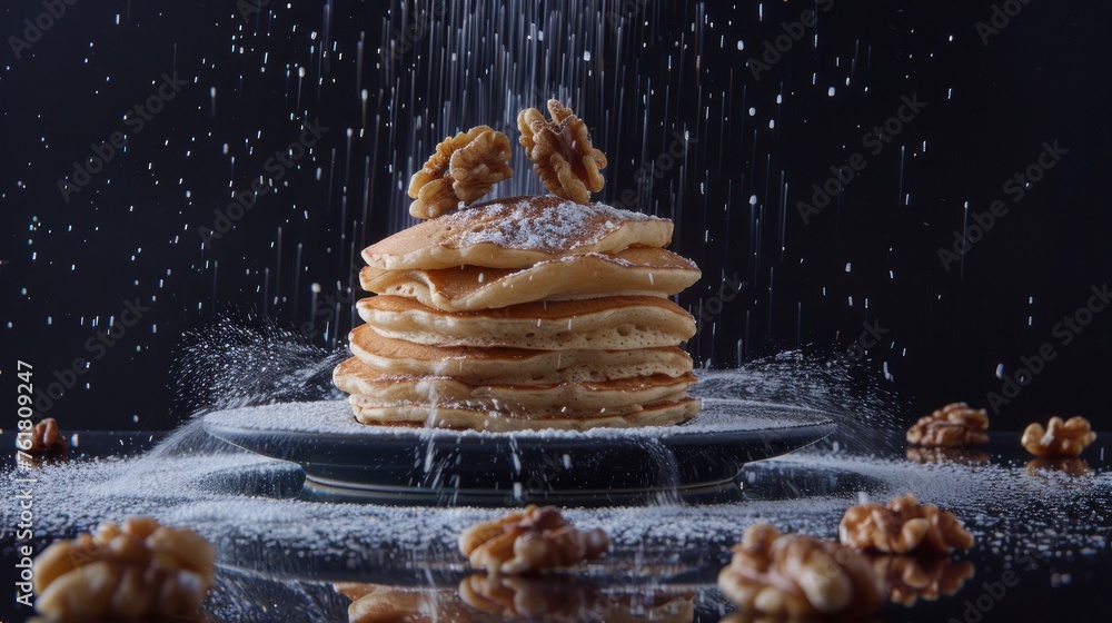 Poster a stack of pancakes sitting on top of a plate covered in powdered sugar with walnuts falling from th
