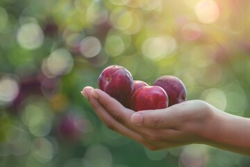 Ripe Plum Cradled in Hand Against a Blurred Orchard Backdrop