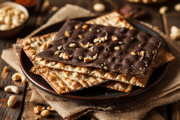 Chocolate-Covered Matzah with Nuts and Berries on Dark Background, Close-Up Shot