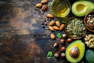 Organic Healthy Fat Sources: Avocado, Nuts, Seeds, Olive Oil on Rustic Wood Background