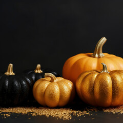 Orange pumpkins on black background,stylish discount banner,closeup, space for text