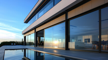 A contemporary home exterior featuring large floor-to-ceiling windows, reflecting the serene blue sky.