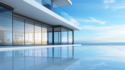 Obraz premium A contemporary home exterior featuring large floor-to-ceiling windows, reflecting the serene blue sky.