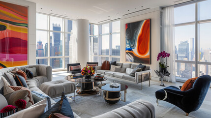 A contemporary living room adorned with abstract art, plush furniture, and floor-to-ceiling windows offering panoramic city views.