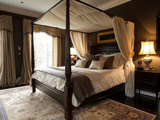 Elegant bedroom with luxurious canopy bed, soft bedding, and sophisticated decor in shades of white.