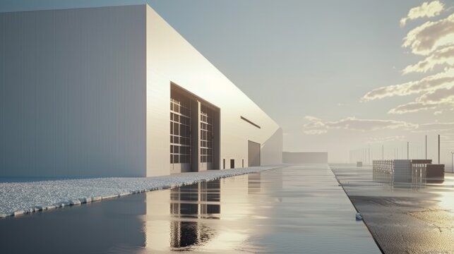 Industrial warehouse exterior with wet ground reflecting sunset light. Logistics and distribution center concept.